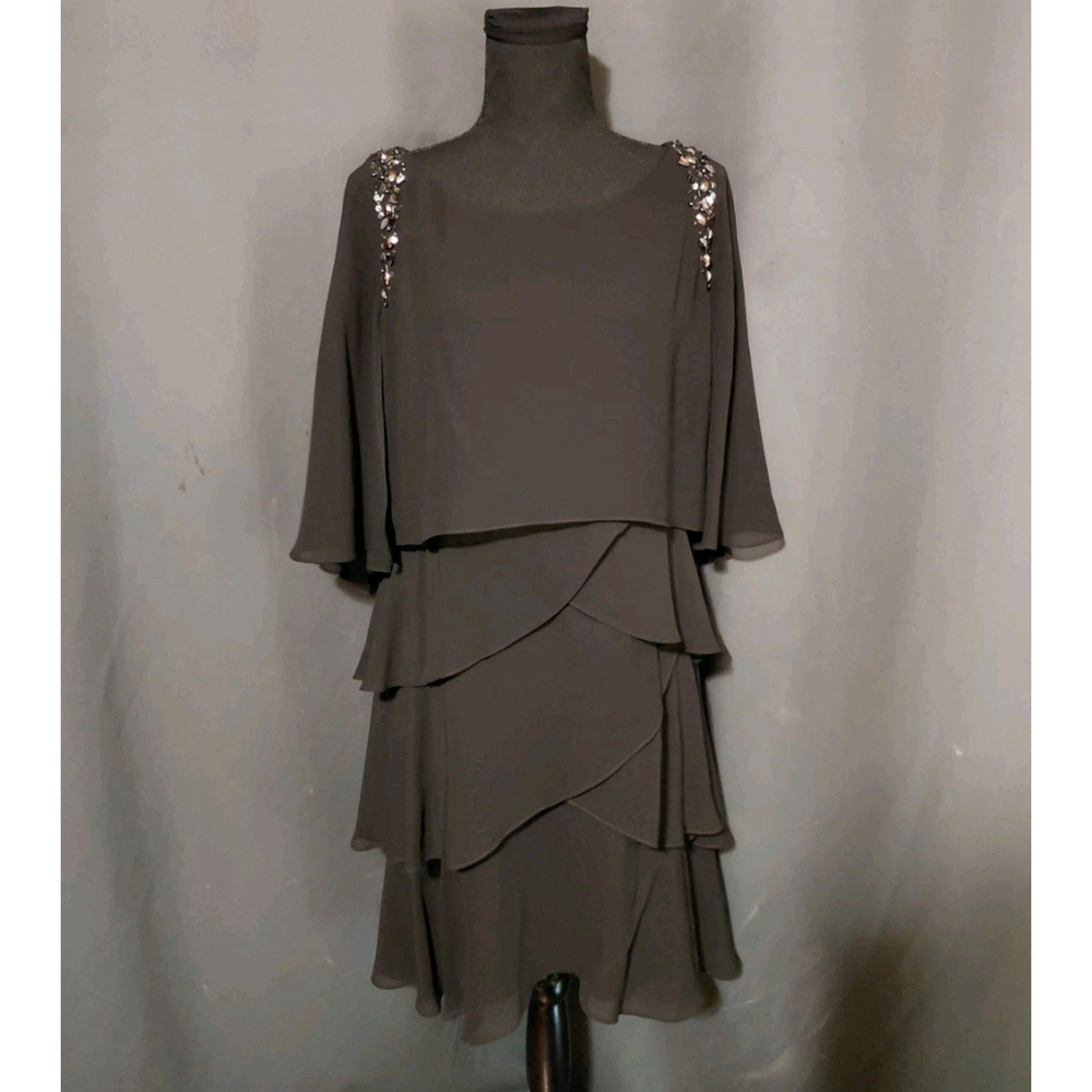 SLNY Tiered Dress Cocktail Boat Neck Black Chiffon Beaded Women Size 10 - Picture 3 of 10